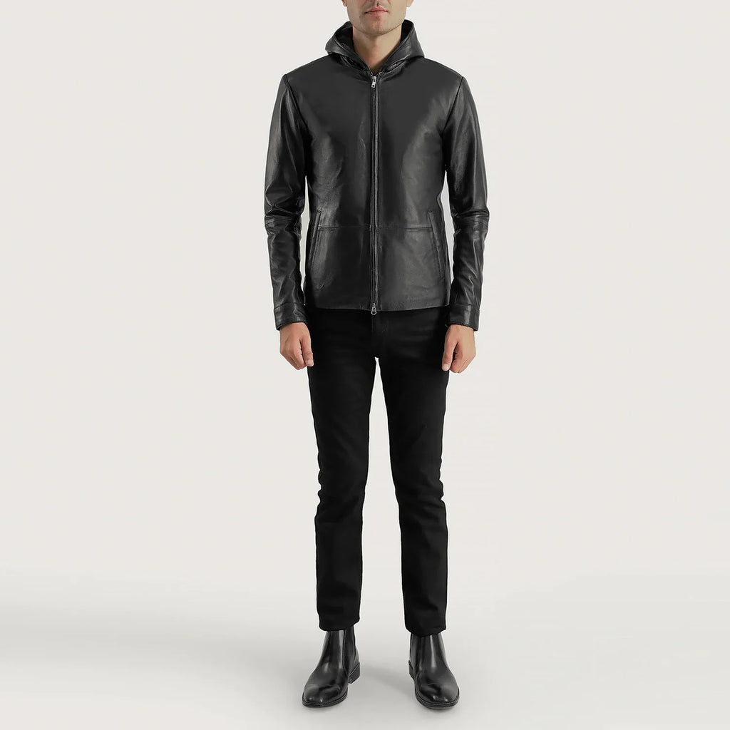 Andy Matte Black Hooded Sheepskin Leather Jacket