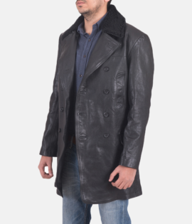 Mens Real Cowhide Leather Pierce Shearling Black Leather Jacket - JH0111