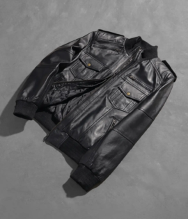 Mens Agent Shadow Black Leather Bomber Jacket - JH0014