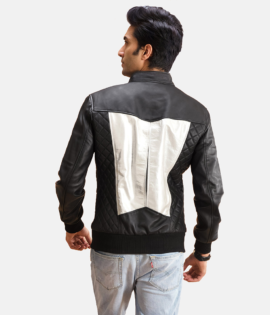 Mens Spade Silver Black Leather Bomber Jacket - JH0103