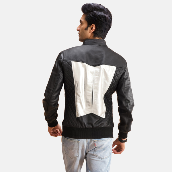 Mens Spade Silver Black Leather Bomber Jacket - JH0103