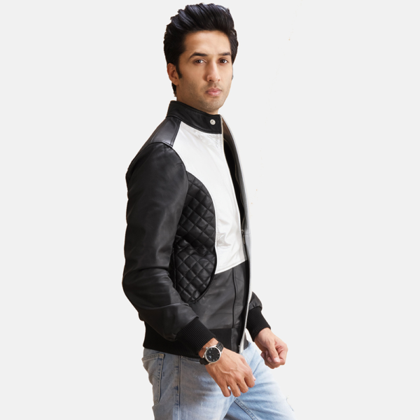 Mens Spade Silver Black Leather Bomber Jacket - JH0103