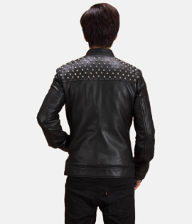 Mens Real Sheepskin Leather Shapron Studded Leather Biker Jacket - JH0099