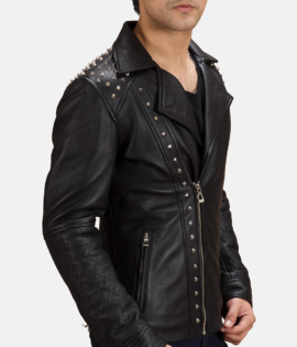 Mens Real Sheepskin Leather Black Studded Leather Biker Jacket - JH0095