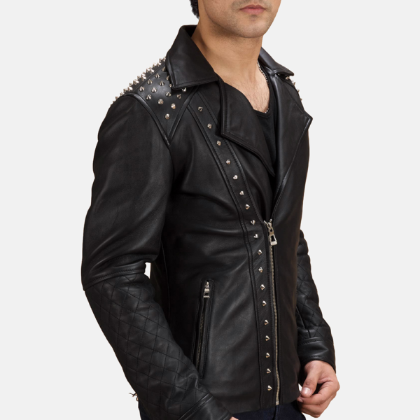 Mens Real Sheepskin Leather Black Studded Leather Biker Jacket - JH0095