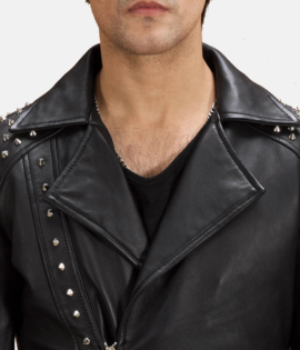 Mens Real Sheepskin Leather Black Studded Leather Biker Jacket - JH0095