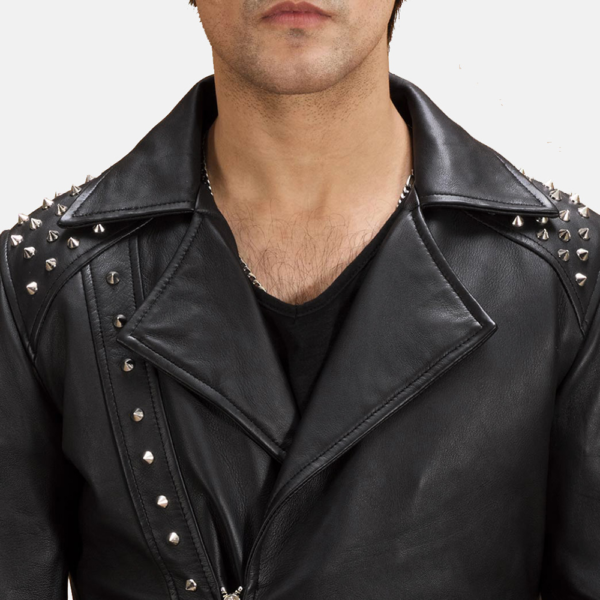 Mens Real Sheepskin Leather Black Studded Leather Biker Jacket - JH0095