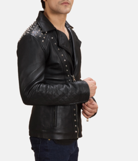 Mens Real Sheepskin Leather Black Studded Leather Biker Jacket - JH0095