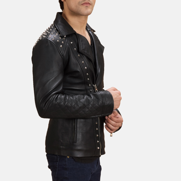 Mens Real Sheepskin Leather Black Studded Leather Biker Jacket - JH0095