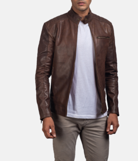 Mens Real Cowhide Leather Dean Brown Leather Biker Jacket - JH0019