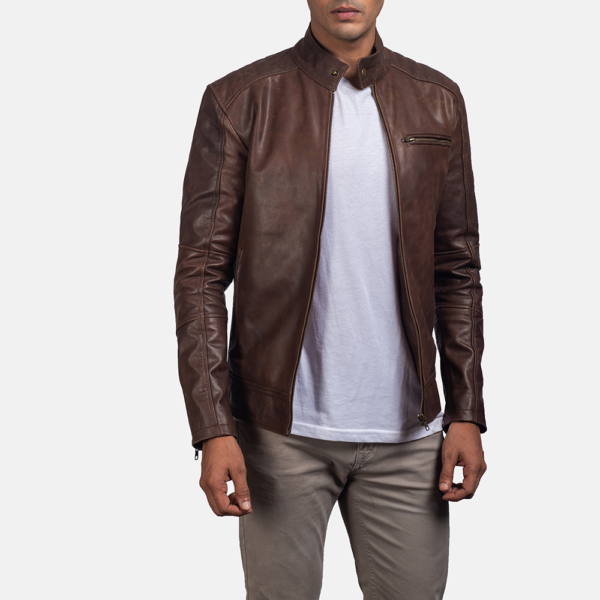 Mens Real Cowhide Leather Dean Brown Leather Biker Jacket - JH0019