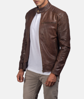 Mens Real Cowhide Leather Dean Brown Leather Biker Jacket - JH0019