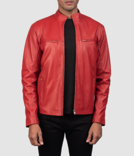 Mens Sheepskin Leather Ionic Red Leather Biker Jacket - JH0109