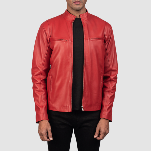 Mens Sheepskin Leather Ionic Red Leather Biker Jacket - JH0109