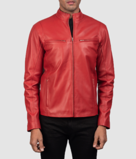 Mens Sheepskin Leather Ionic Red Leather Biker Jacket - JH0109