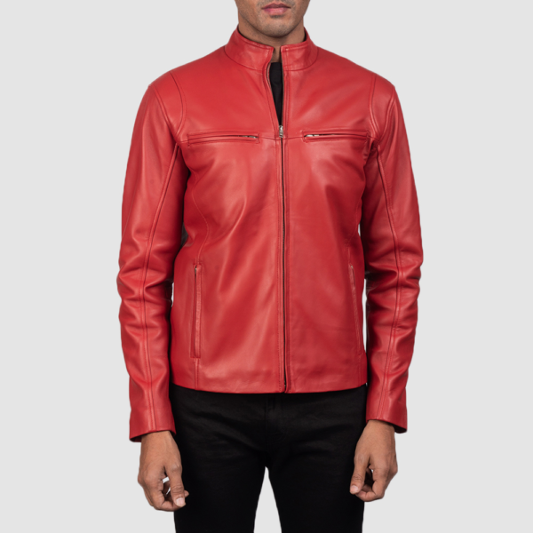 Mens Sheepskin Leather Ionic Red Leather Biker Jacket - JH0109