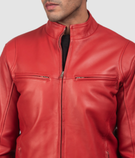 Mens Sheepskin Leather Ionic Red Leather Biker Jacket - JH0109