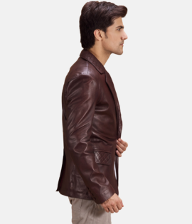 Mens Real Sheepskin Leather Radaron Quilted Maroon Leather Blazer - JH0098