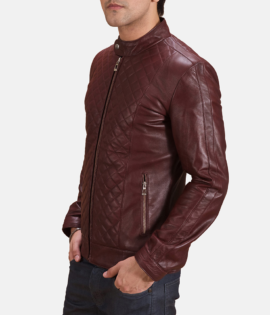 Mens Real Sheepskin Leather Burgunn Dee Maroon Leather Biker Jacket - JH0096