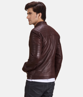 Mens Urbane Quilted Maroon Leather Biker Jacket - JH0093