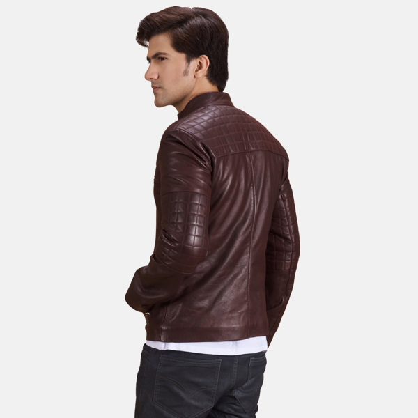 Mens Urbane Quilted Maroon Leather Biker Jacket - JH0093