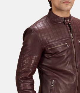 Mens Urbane Quilted Maroon Leather Biker Jacket - JH0093