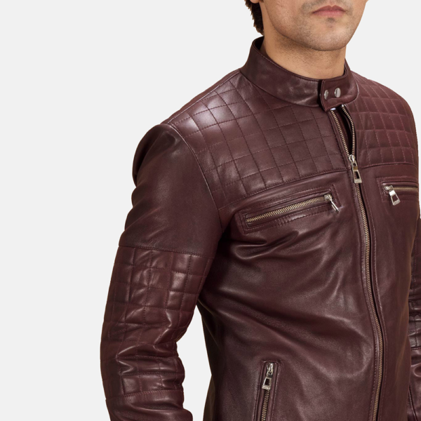 Mens Urbane Quilted Maroon Leather Biker Jacket - JH0093