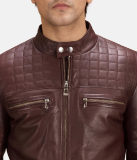 Mens Urbane Quilted Maroon Leather Biker Jacket - JH0093