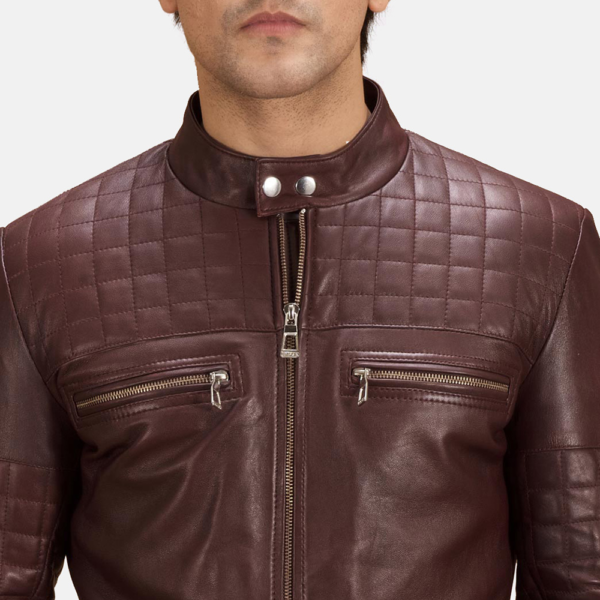 Mens Urbane Quilted Maroon Leather Biker Jacket - JH0093