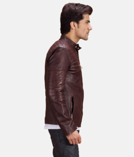 Mens Urbane Quilted Maroon Leather Biker Jacket - JH0093