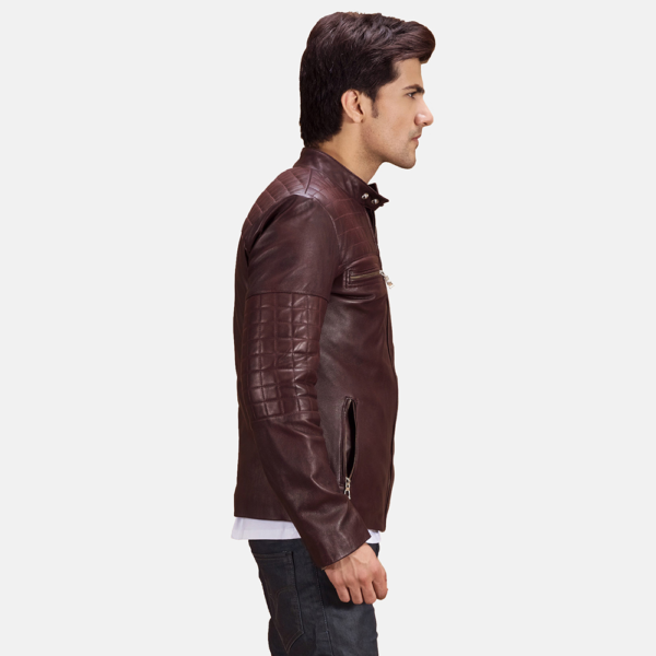 Mens Urbane Quilted Maroon Leather Biker Jacket - JH0093