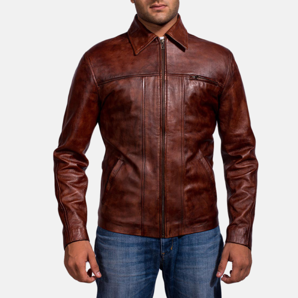 Mens Real Sheepskin Leather Abstract Maroon Leather Jacket - JH0026