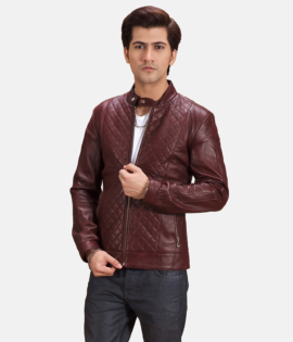 Mens Real Sheepskin Leather Burgunn Dee Maroon Leather Biker Jacket - JH0096