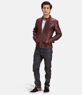 Mens Real Sheepskin Leather Burgunn Dee Maroon Leather Biker Jacket - JH0096