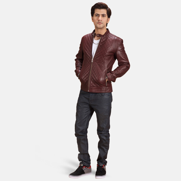 Mens Real Sheepskin Leather Burgunn Dee Maroon Leather Biker Jacket - JH0096