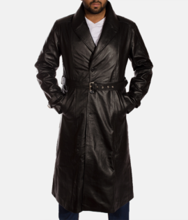 Real Cowhide Leather Hooligan Black Leather Trench Coat - JH0029