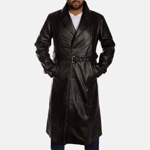 Real Cowhide Leather Hooligan Black Leather Trench Coat - JH0029