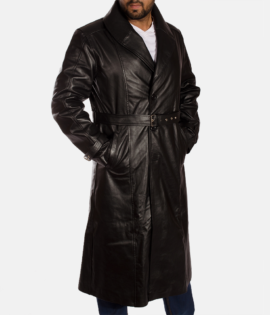 Real Cowhide Leather Hooligan Black Leather Trench Coat - JH0029