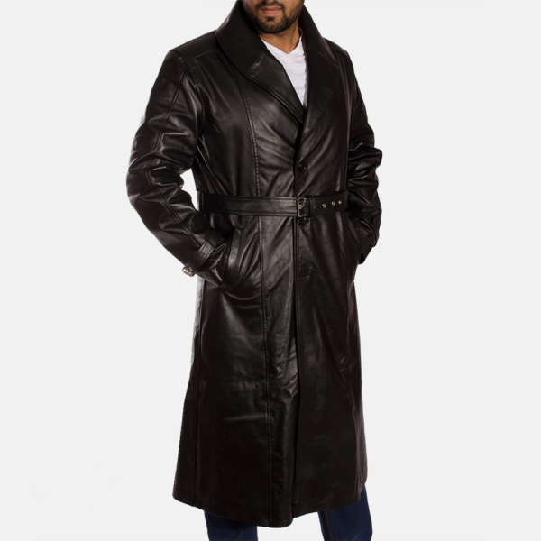 Real Cowhide Leather Hooligan Black Leather Trench Coat - JH0029