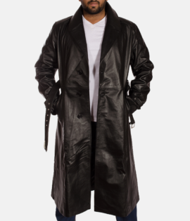 Real Cowhide Leather Hooligan Black Leather Trench Coat - JH0029