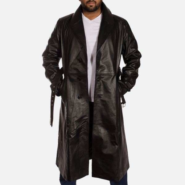 Real Cowhide Leather Hooligan Black Leather Trench Coat - JH0029