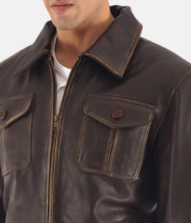 Real Goatskin Leather Aaron Brown Leather Bomber Jacket - JH0050