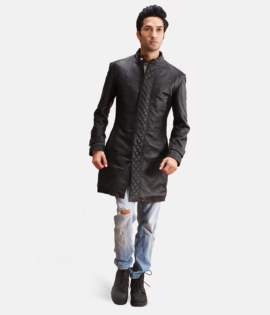 Mens Real Sheepskin Leather Midlander Quilted Black Leather Coat - JH0102