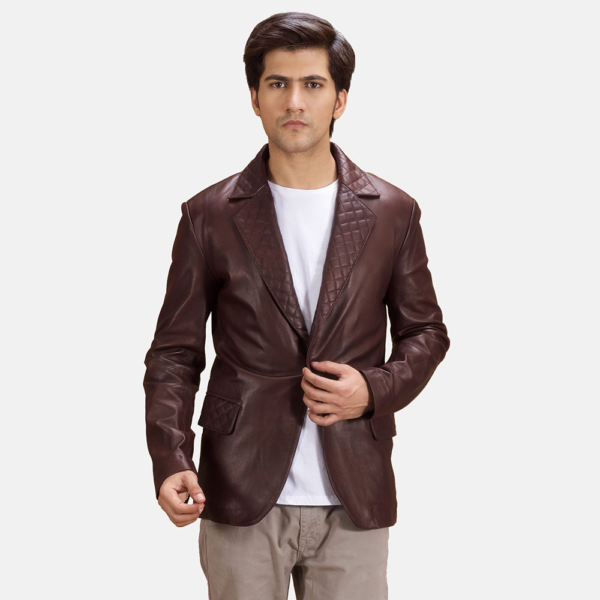 Mens Real Sheepskin Leather Radaron Quilted Maroon Leather Blazer - JH0098