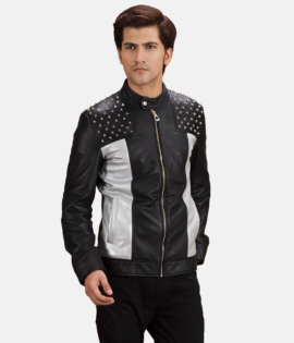 Mens Real Sheepskin Leather Shapron Studded Leather Biker Jacket - JH0099