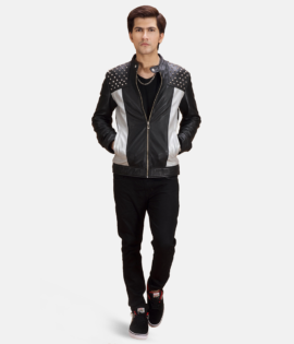 Mens Real Sheepskin Leather Shapron Studded Leather Biker Jacket - JH0099