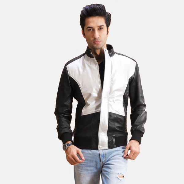 Mens Spade Silver Black Leather Bomber Jacket - JH0103