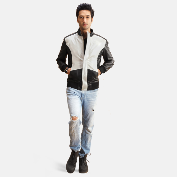 Mens Spade Silver Black Leather Bomber Jacket - JH0103