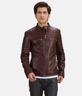 Mens Urbane Quilted Maroon Leather Biker Jacket - JH0093