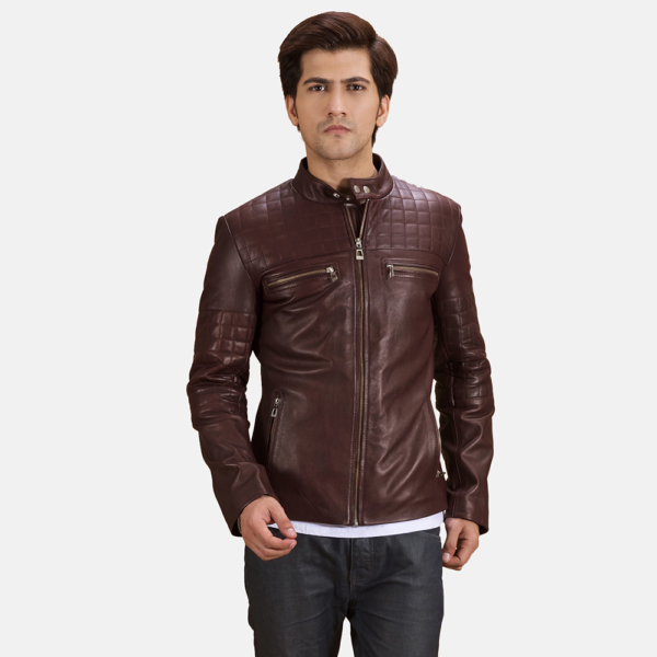 Mens Urbane Quilted Maroon Leather Biker Jacket - JH0093